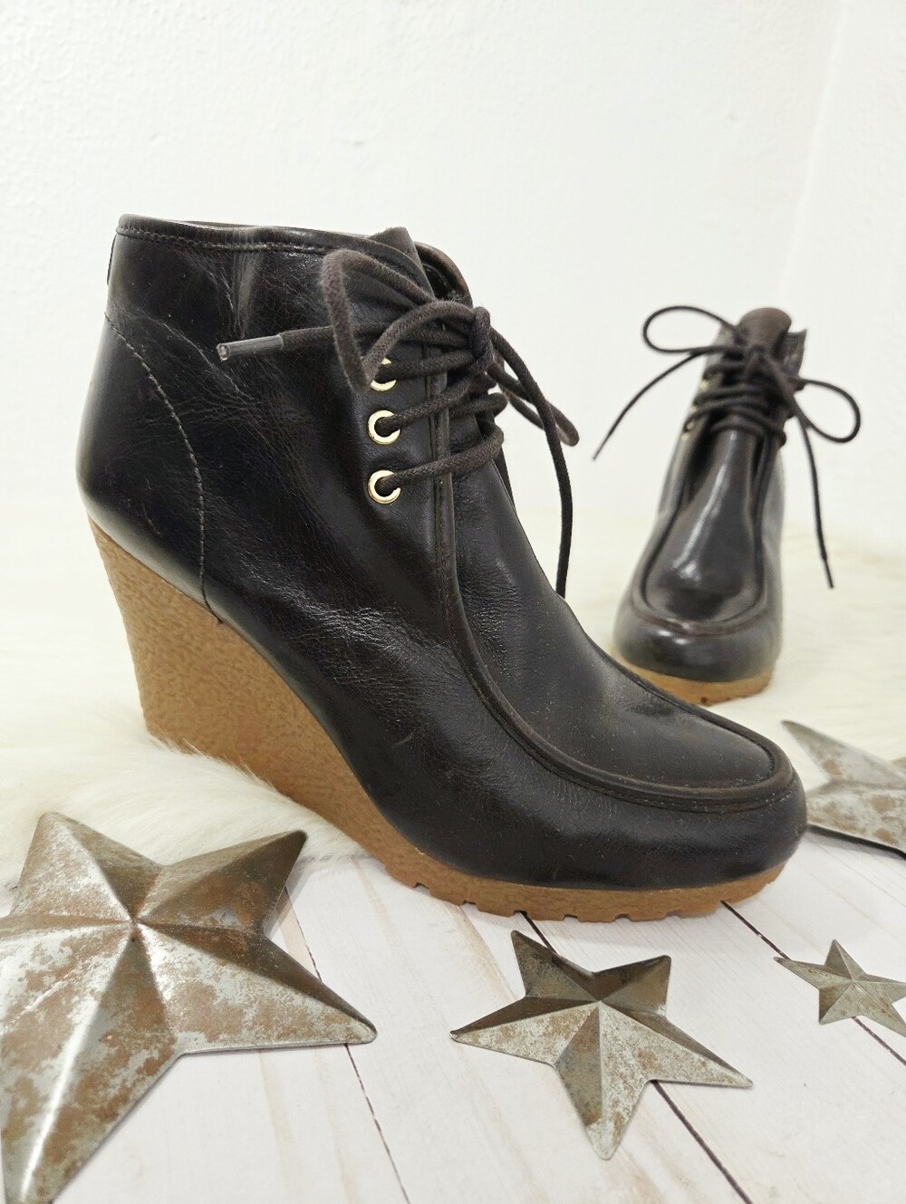 Michael Kors Rory Women's Boots Wedge Heel Leather Boot Chocolate Brown Size 9